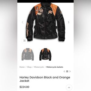 Harley Davidson black jacket with orange shoulders and matching zip up hoodie.